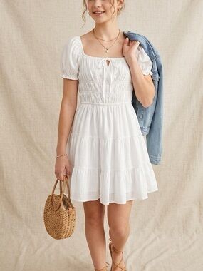Shein White Cotton Puff Sleeve Dress Girls 11-12. A-Line Summer Party Outfit NWT